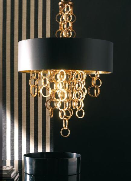 Modern golden brass and iron chandelier from Italy with black and gold shade