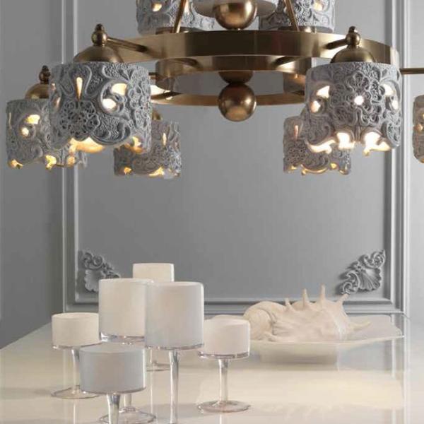 Beautiful Italian ceramic and brass chandelier with lace design