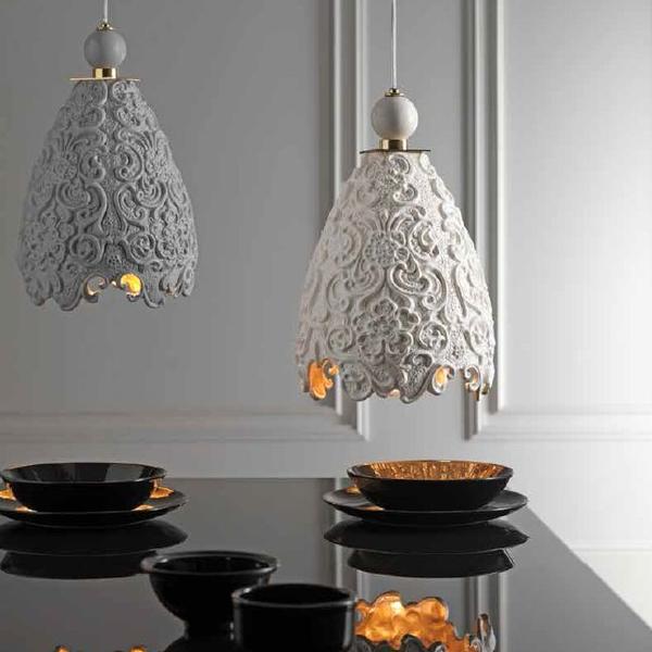 Beautiful Italian ceramic and brass chandelier with lace design