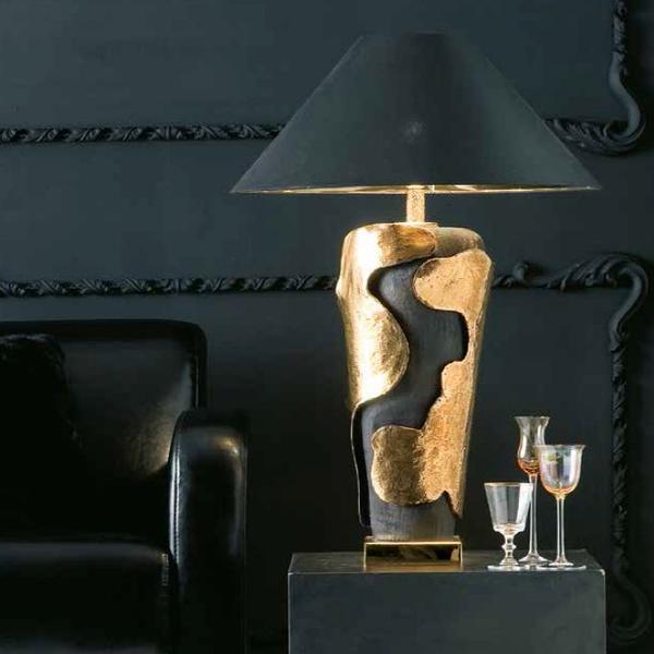 Tall black ceramic table lamp with gold-plated parts