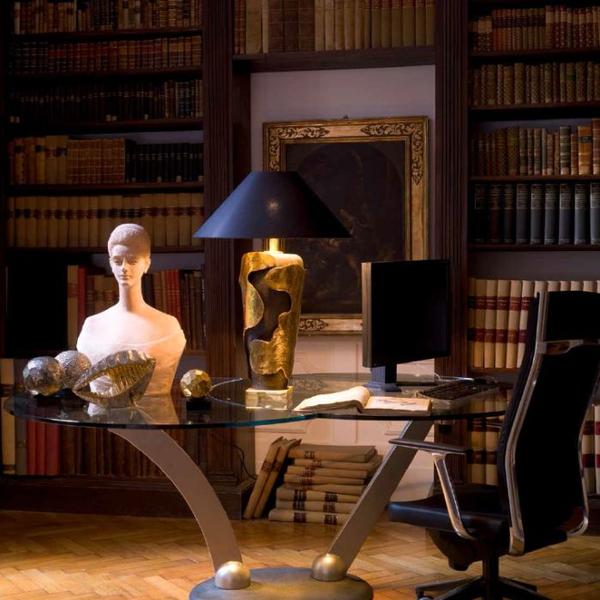 Tall black ceramic table lamp with gold-plated parts