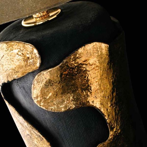 Tall black ceramic table lamp with gold-plated parts