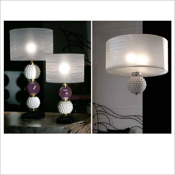 Modern white majolica table light with softly  pleated white shade