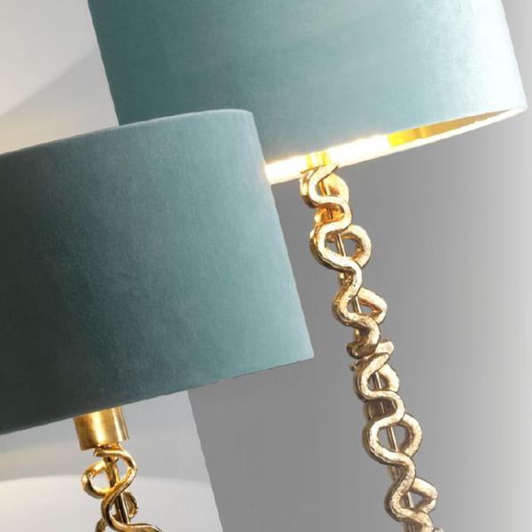 84 cm designer pendant light with blue velvet shade and metal decoration