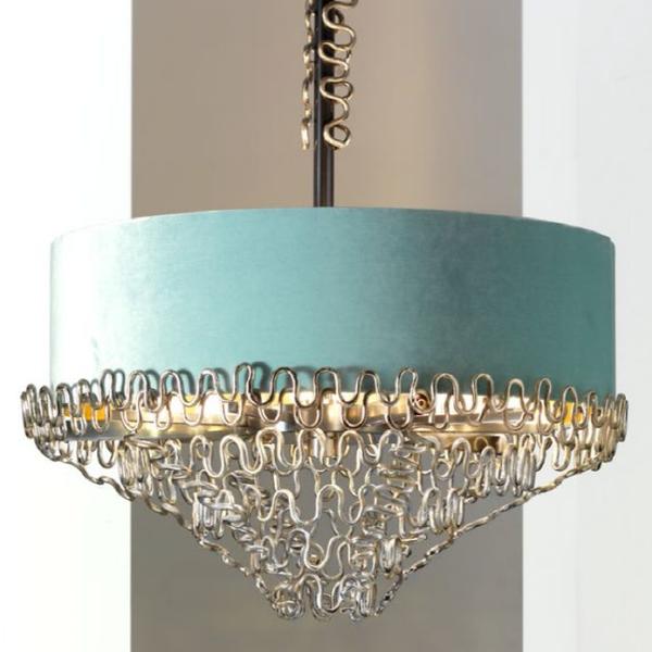 84 cm designer pendant light with blue velvet shade and metal decoration