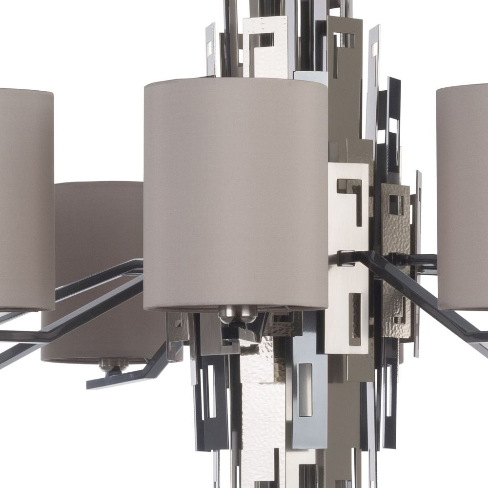 Striking modern silver nickel chandelier with 12 silk shades
