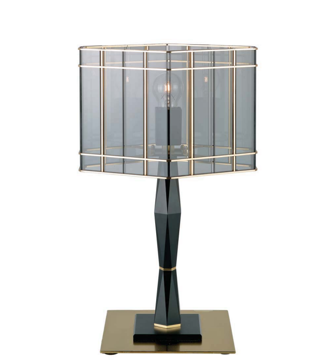 Luxury modern black and satin gold Italian table lamp with  smoked Italian glass diffuser
