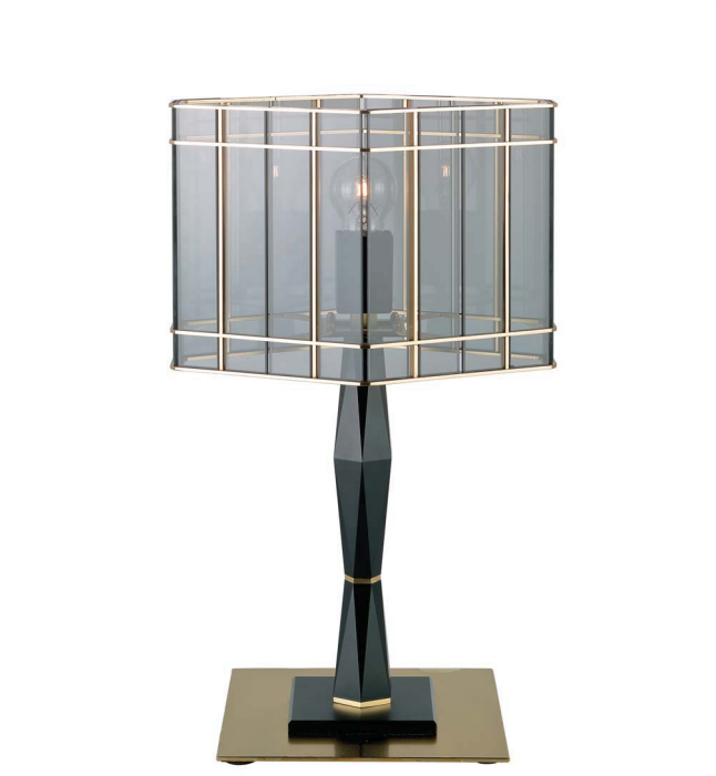 Luxury modern black and satin gold Italian table lamp with smoked Italian glass diffuser