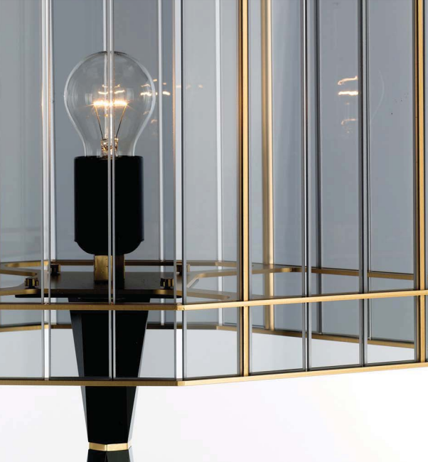 High-end modern floor lamp with satin gold finish and smoked glass diffuser