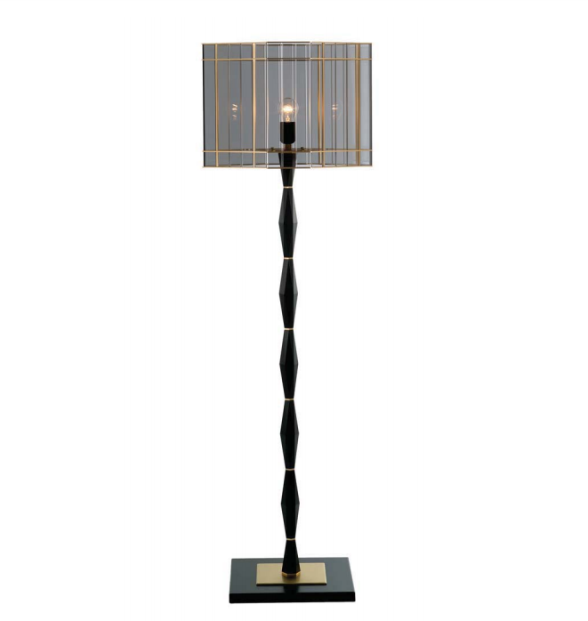 High-end modern floor lamp with satin gold finish and smoked glass diffuser