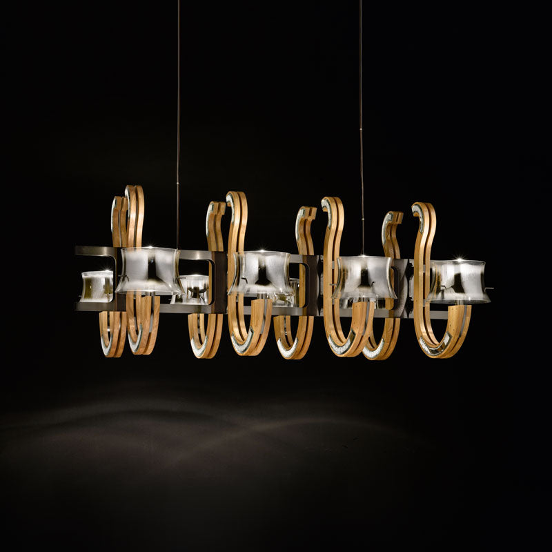 Long oak Venetian dining room chandelier with mirror inserts