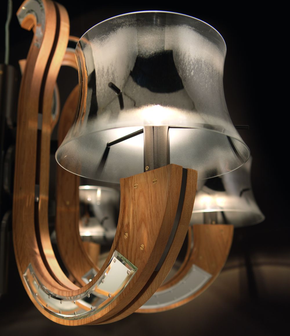 Long oak Venetian dining room chandelier with mirror inserts