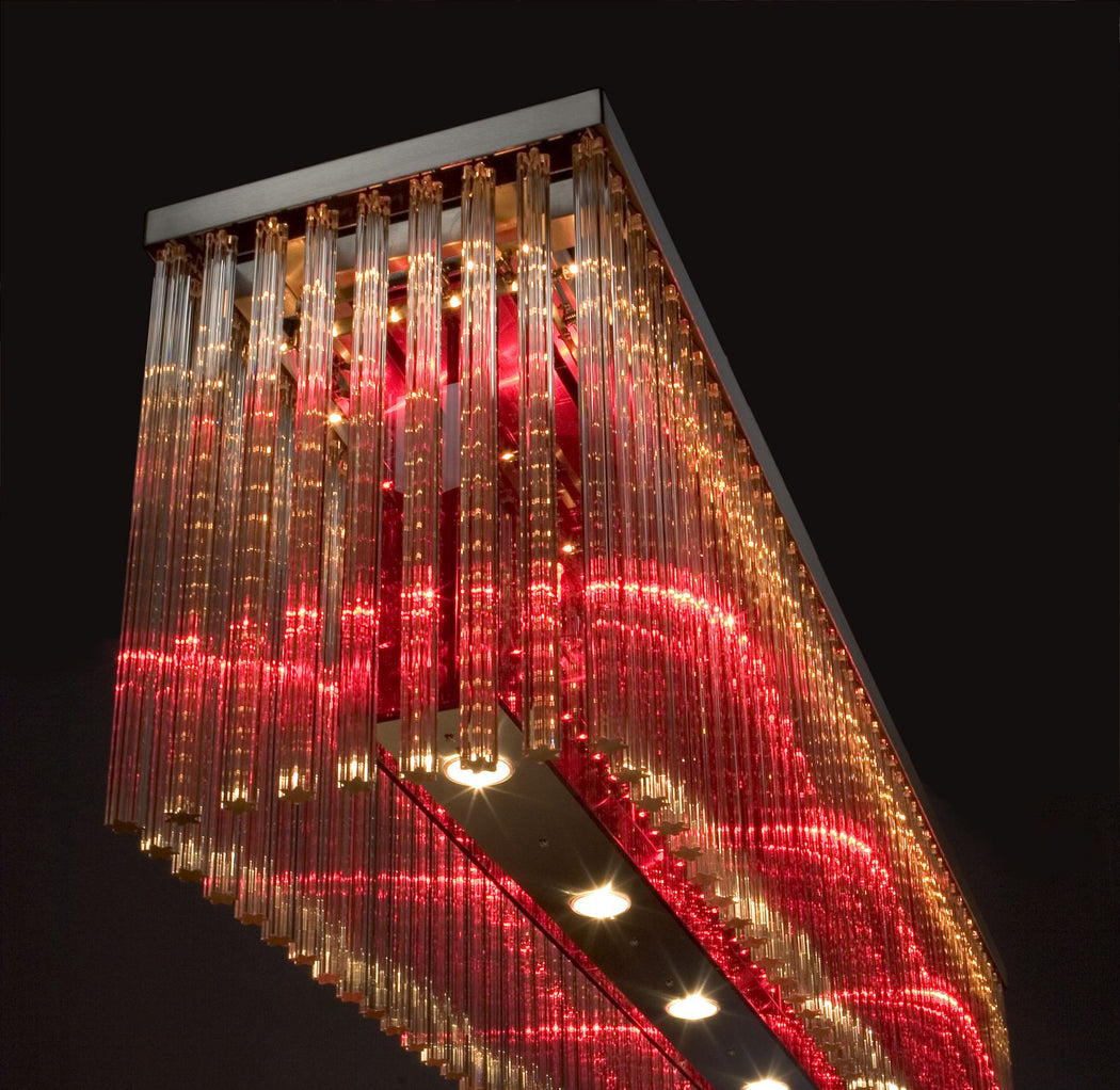 Long modern ceiling pendant light with custom glass rod colors