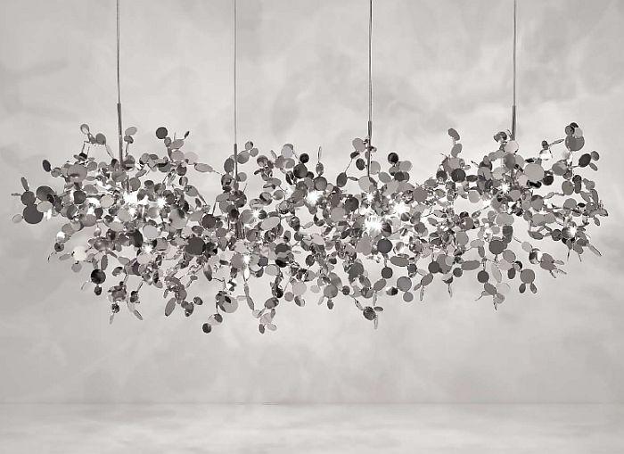 Long modern 125 cm metal dining room chandelier with tiny reflective discs