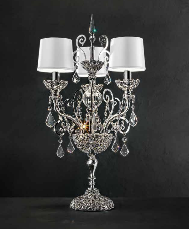 Ornate classic silver or gold-plated Italian table lamp with Swarovski pendants
