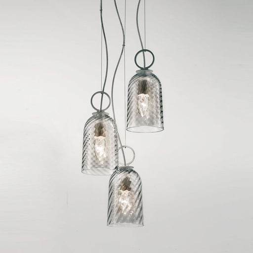 Modern triple cluster pendant light in clear or amber Venetian glass
