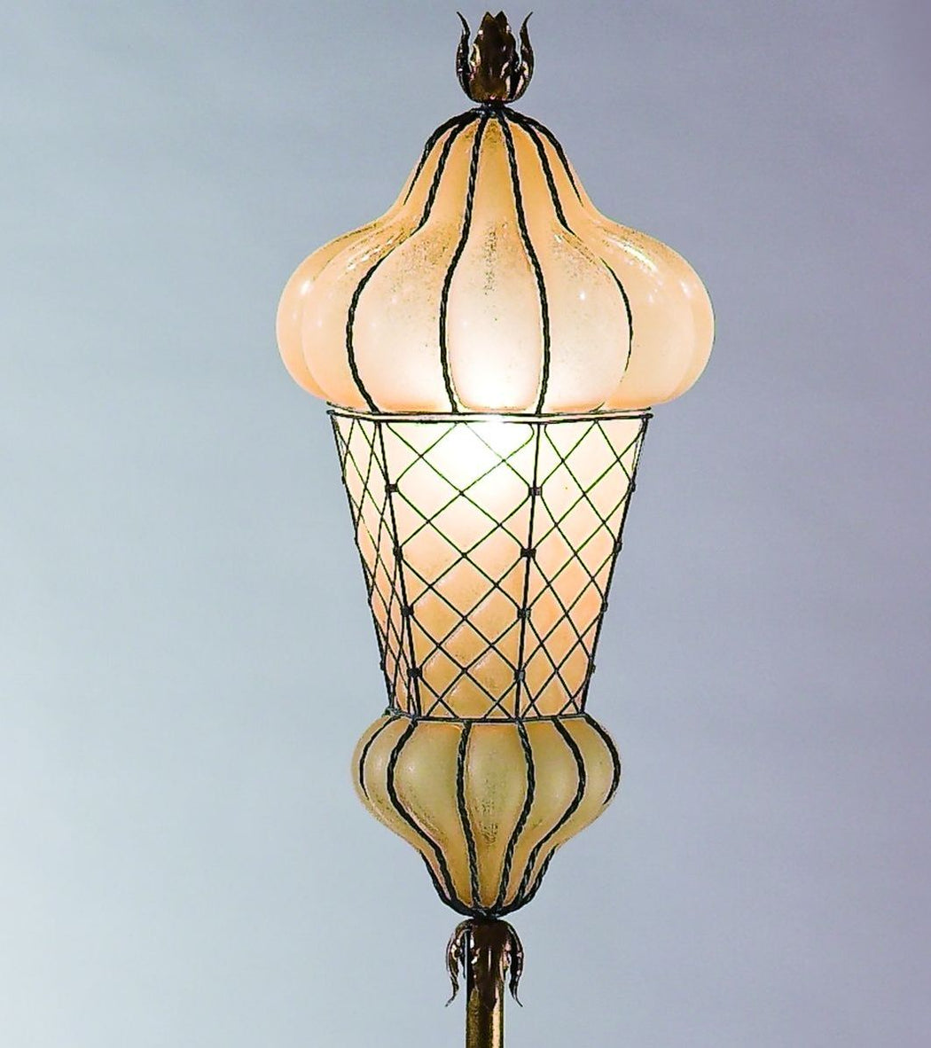 Hand-blown amber Venetian glass floor lamp with rustic finish