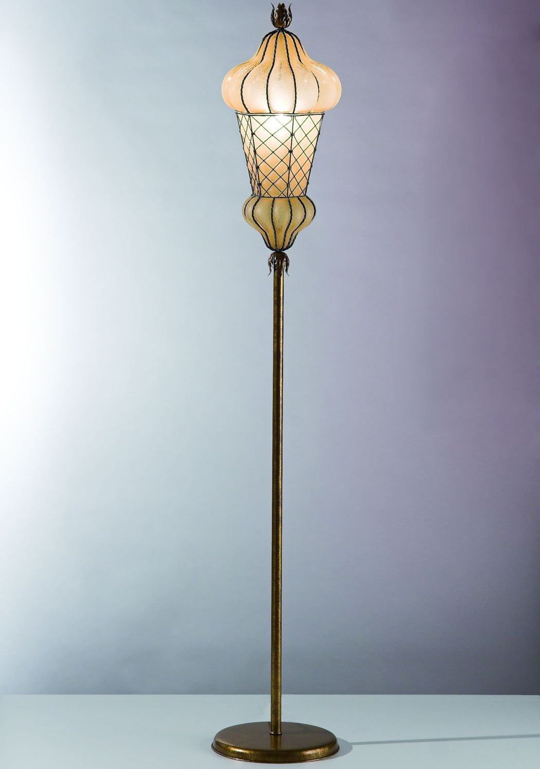 Hand-blown amber Venetian glass floor lamp with rustic finish