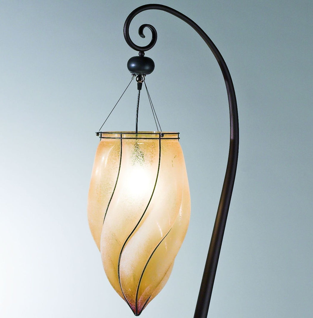 Rustic Venetian floor light with handblown amber scavo glass diffuser