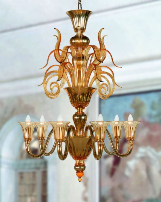 Flamboyant mirrored amber Murano glass chandelier in the art deco style