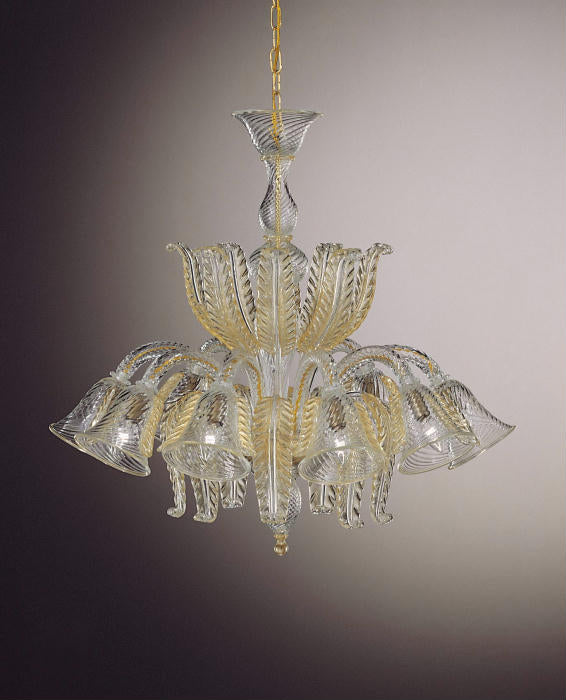 Hand-worked traditional 8 light Venetian glass chandelier with 24 carat gold accents