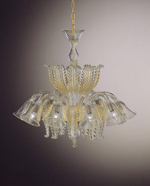 Hand-worked traditional  8 light Venetian glass chandelier with 24 carat gold accents