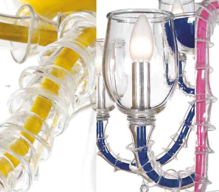 Modern pink and blue Murano glass chandelier in the Rezzonico style