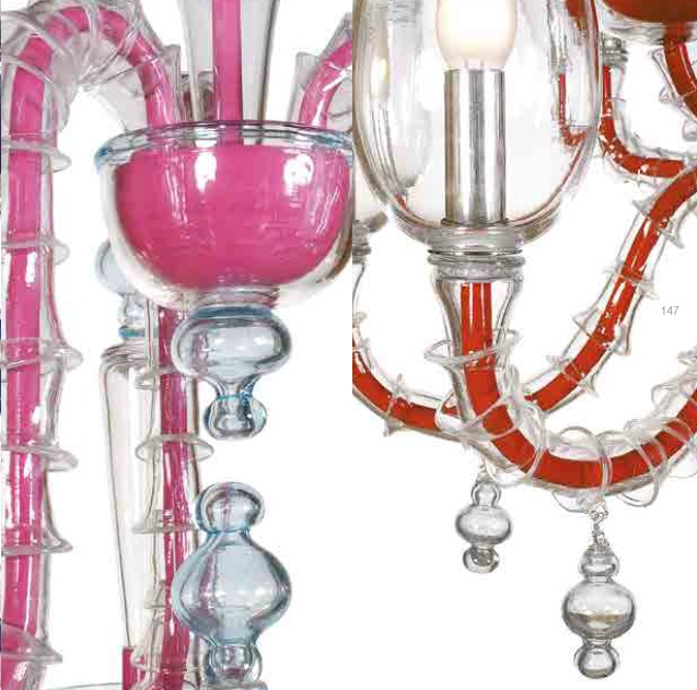Modern pink and blue Murano glass chandelier in the Rezzonico style