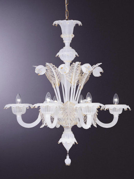 Lovely white Murano glass chandelier with 8 lights and 24 carat gold accents