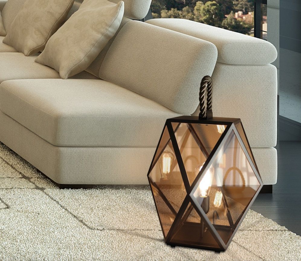 Large high-end Italian bronze floor lantern with amber acrylic diffuser