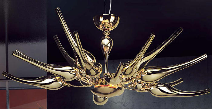 Modern metre wide glass art chandelier with metallic gold or chrome finish
