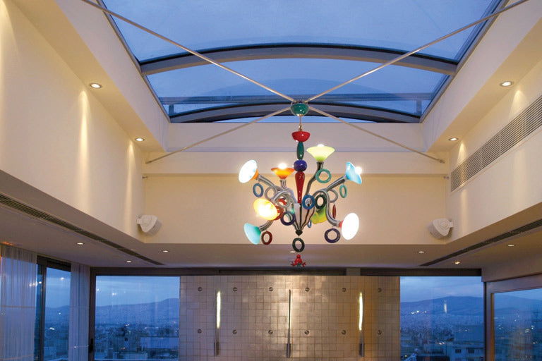 Quirky and unusual modern art glass chandelier in custom colors