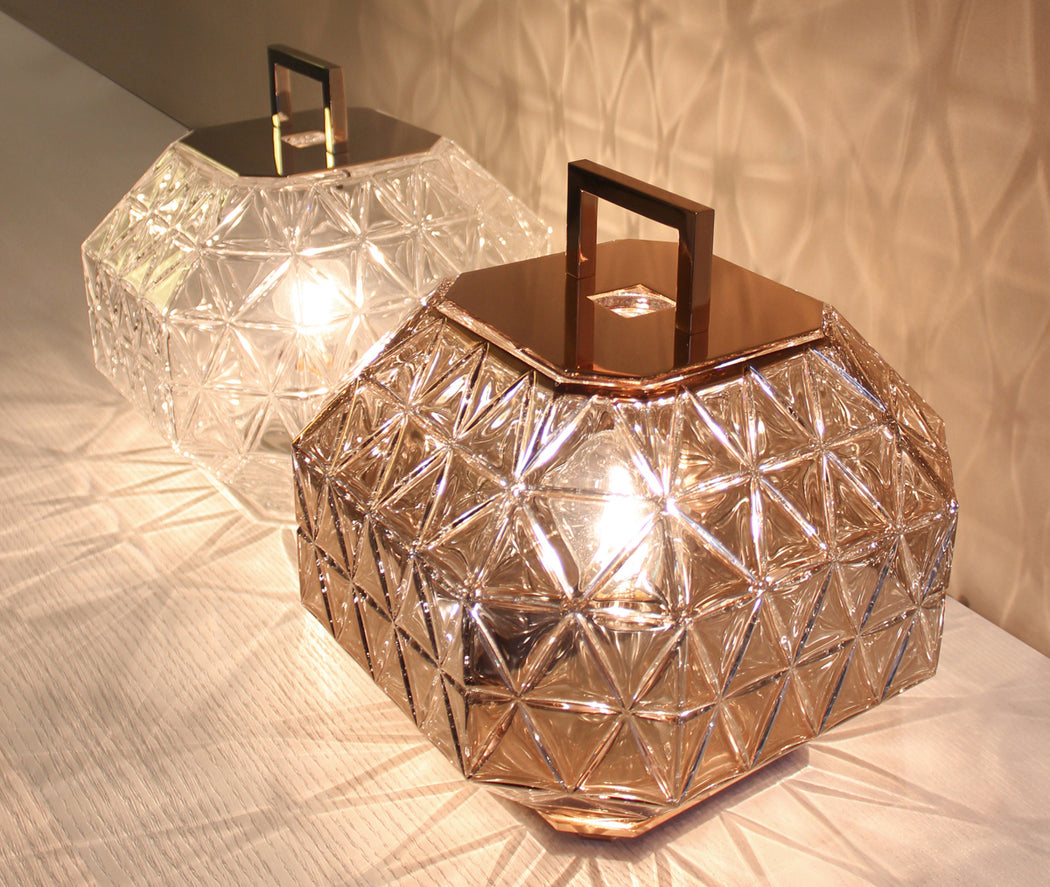 Deluxe engraved Italian crystal table lantern with silver metal parts