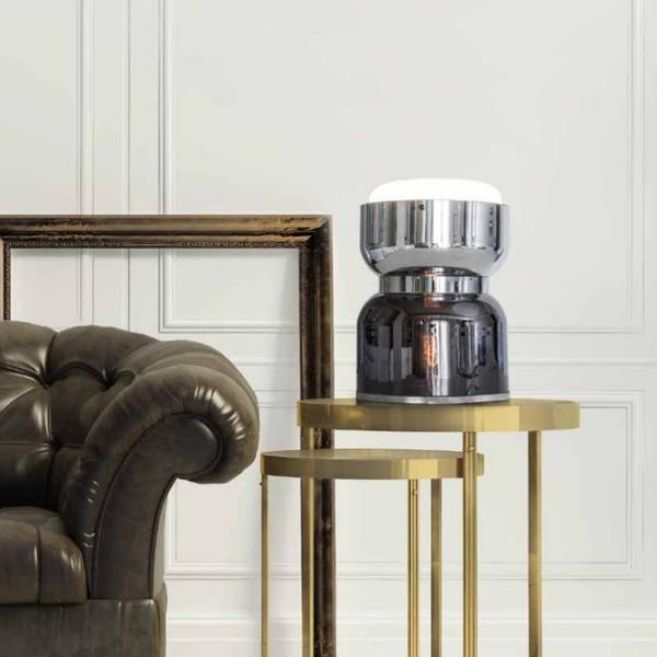 Modern Italian table lamp in chromed and bronze metallic glass colourways