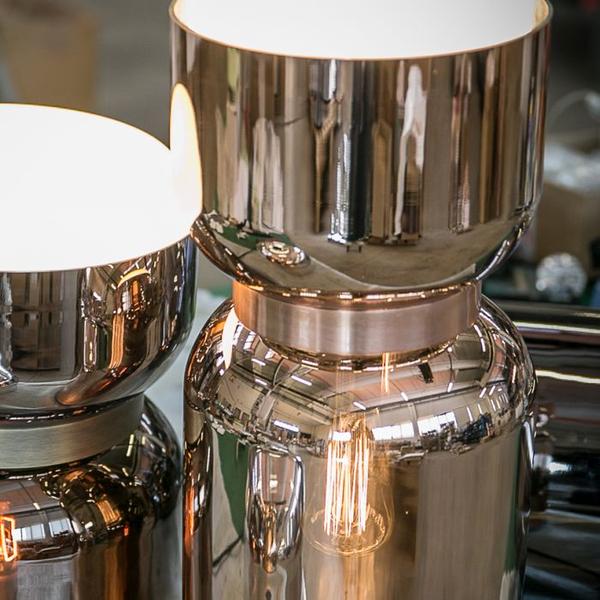 Modern Italian table lamp in chromed and bronze metallic glass colourways