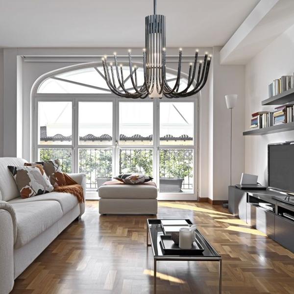 Understated large modern chandelier in black nickel or bronze with white glass diffusers