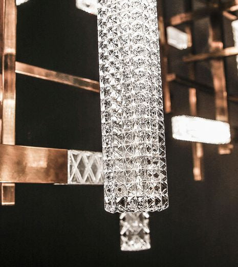 Modern oriental style brass chandelier with Italian crystal diffusers