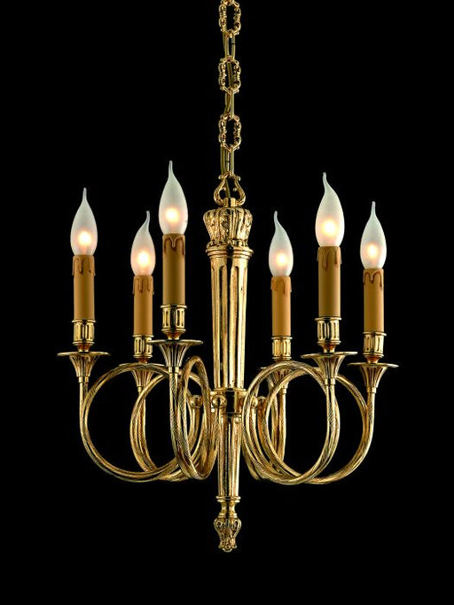 Ornate Italian brass and gold chandelier with 6 lights