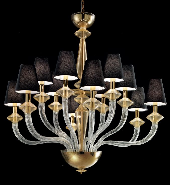 Large Murano chandelier with clear and gold glass and 12 shades