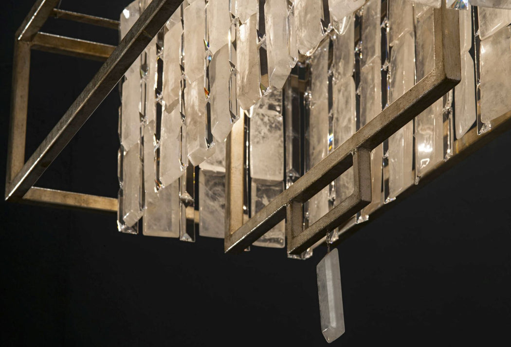 Modern industrial cage chandelier with rock crystal lozenges & bespoke metals