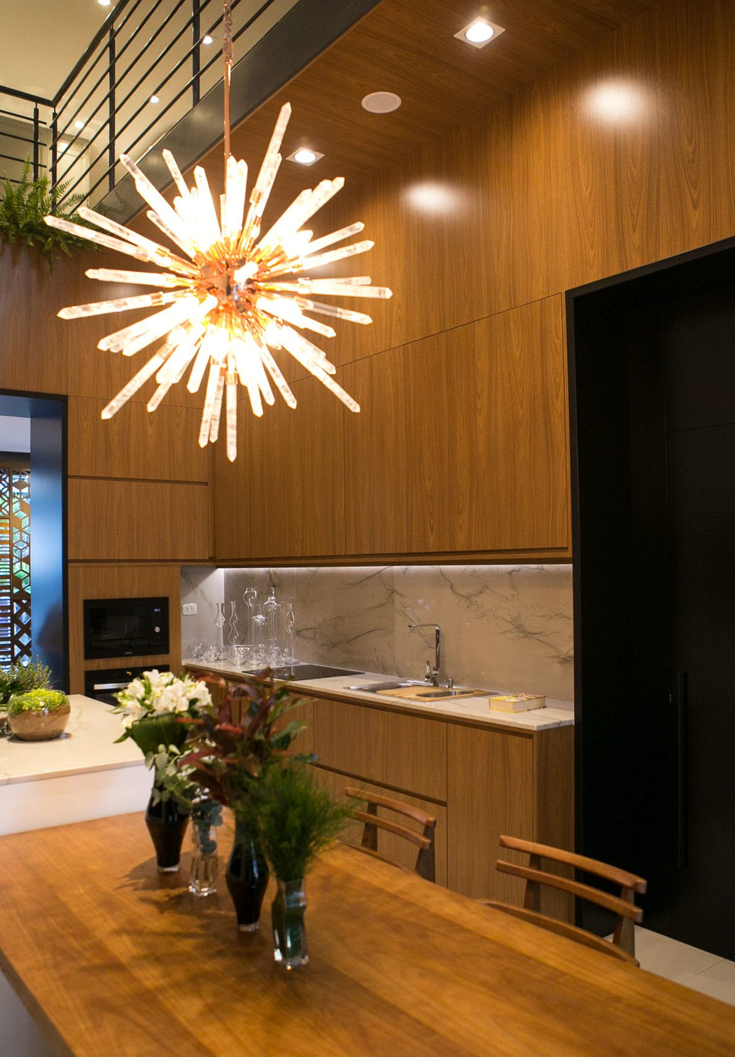 Customizable mid-century Sputnik-style chandelier with rock crystal arms
