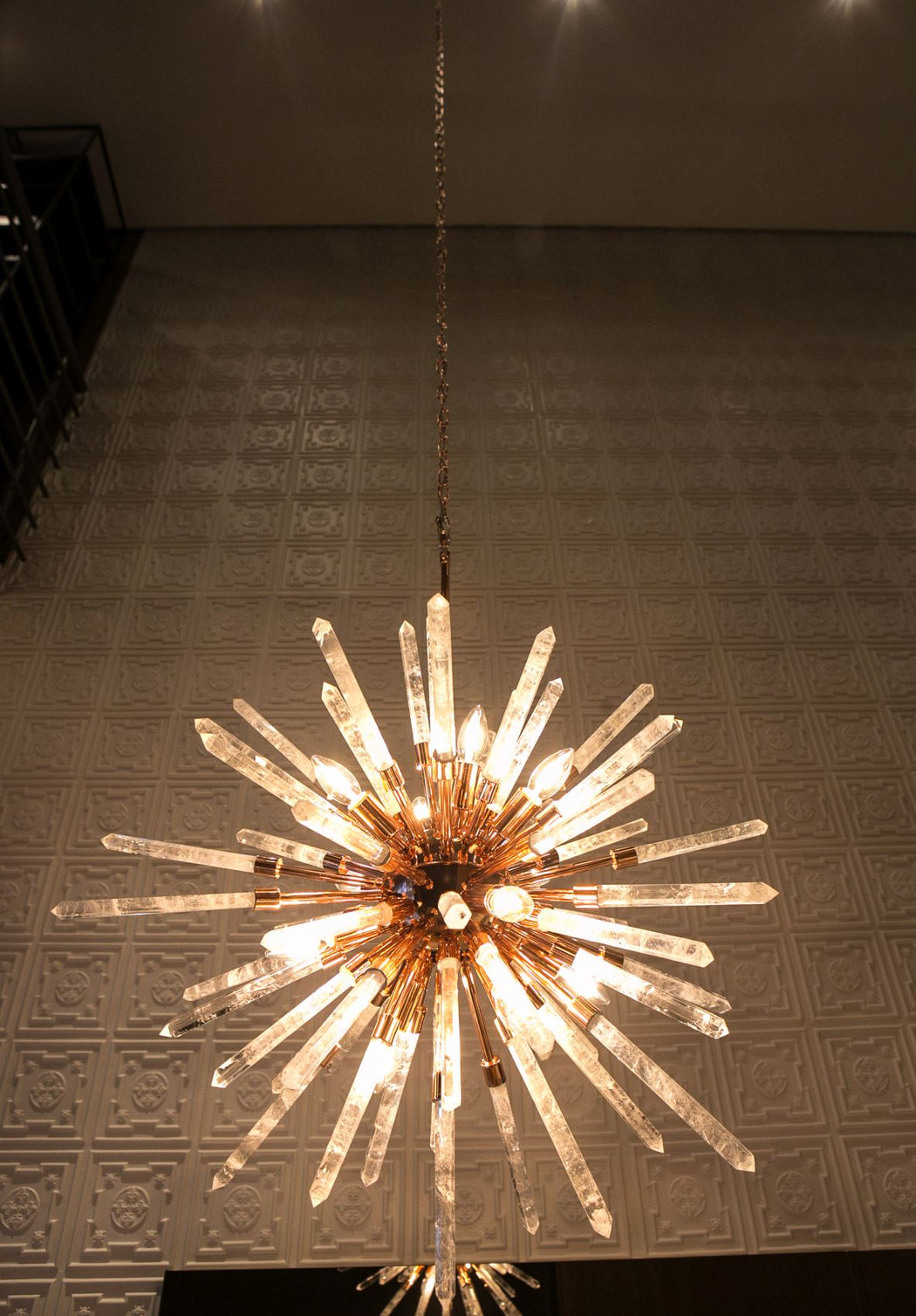 Customizable mid-century Sputnik-style chandelier with rock crystal arms