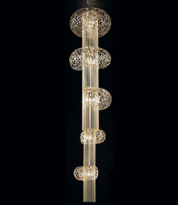 Fabulous 3 metre gold, light gold, steel or bronze filigree stairwell chandelier