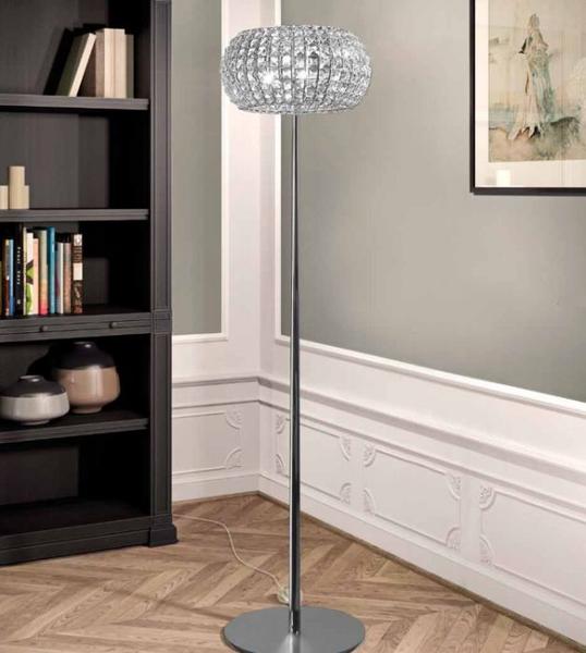 Modern nickel & Italian crystal floor light with gold frame & Swarovski crystal options