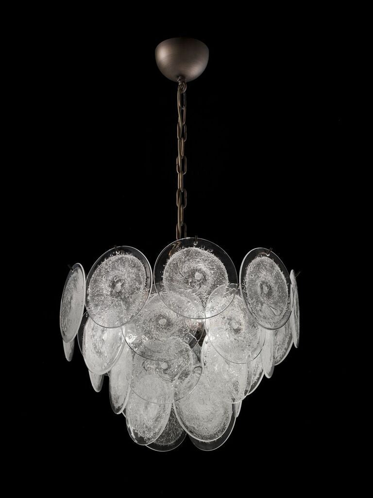 Modernist disc chandelier with bubbled Murano glass