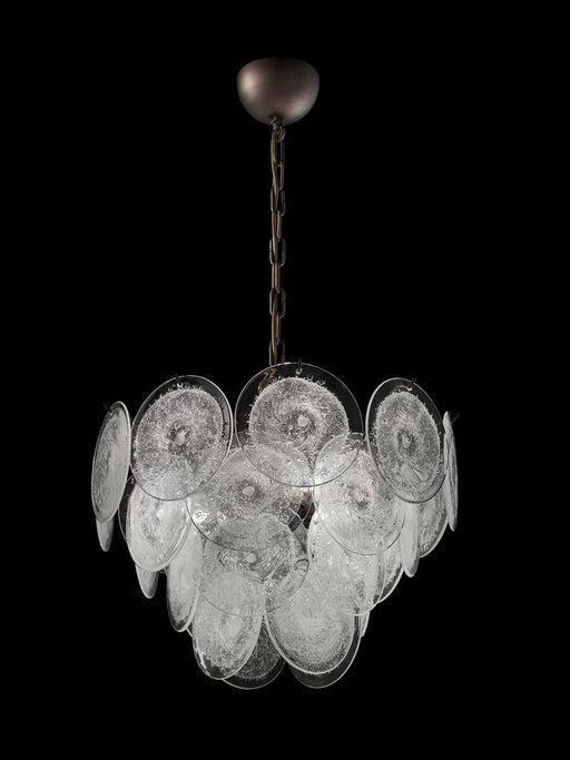 Modernist disc chandelier with bubbled Murano glass