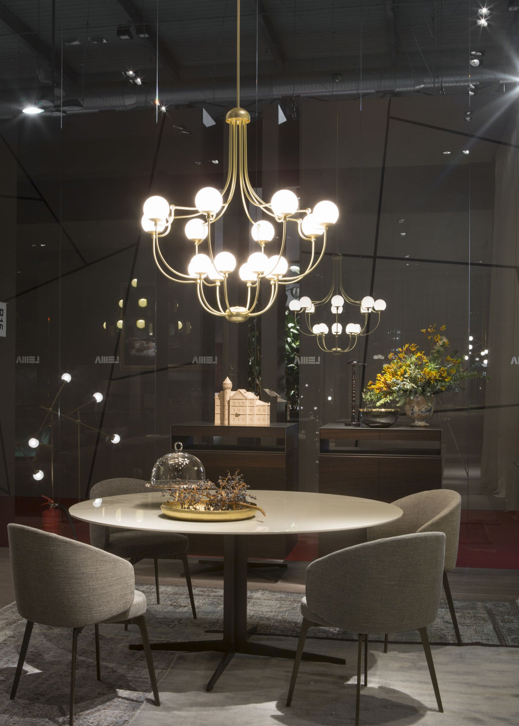 Modern mid-century style white glass globe chandelier