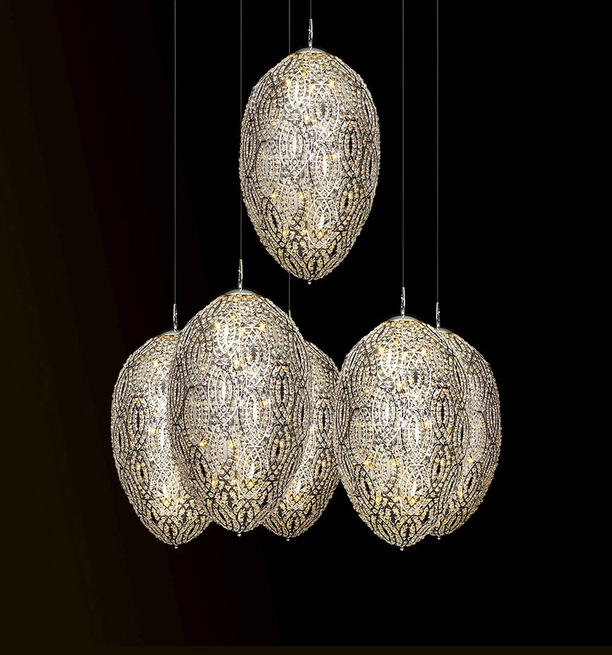 Modern high-end Italian cluster light with six Asfour crystal-encrusted eggs