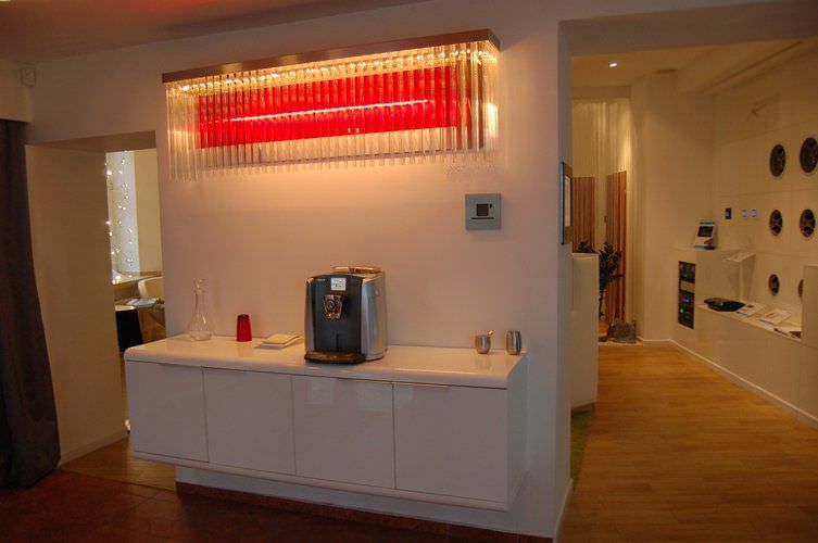 Long modern ceiling pendant light with custom glass rod colors
