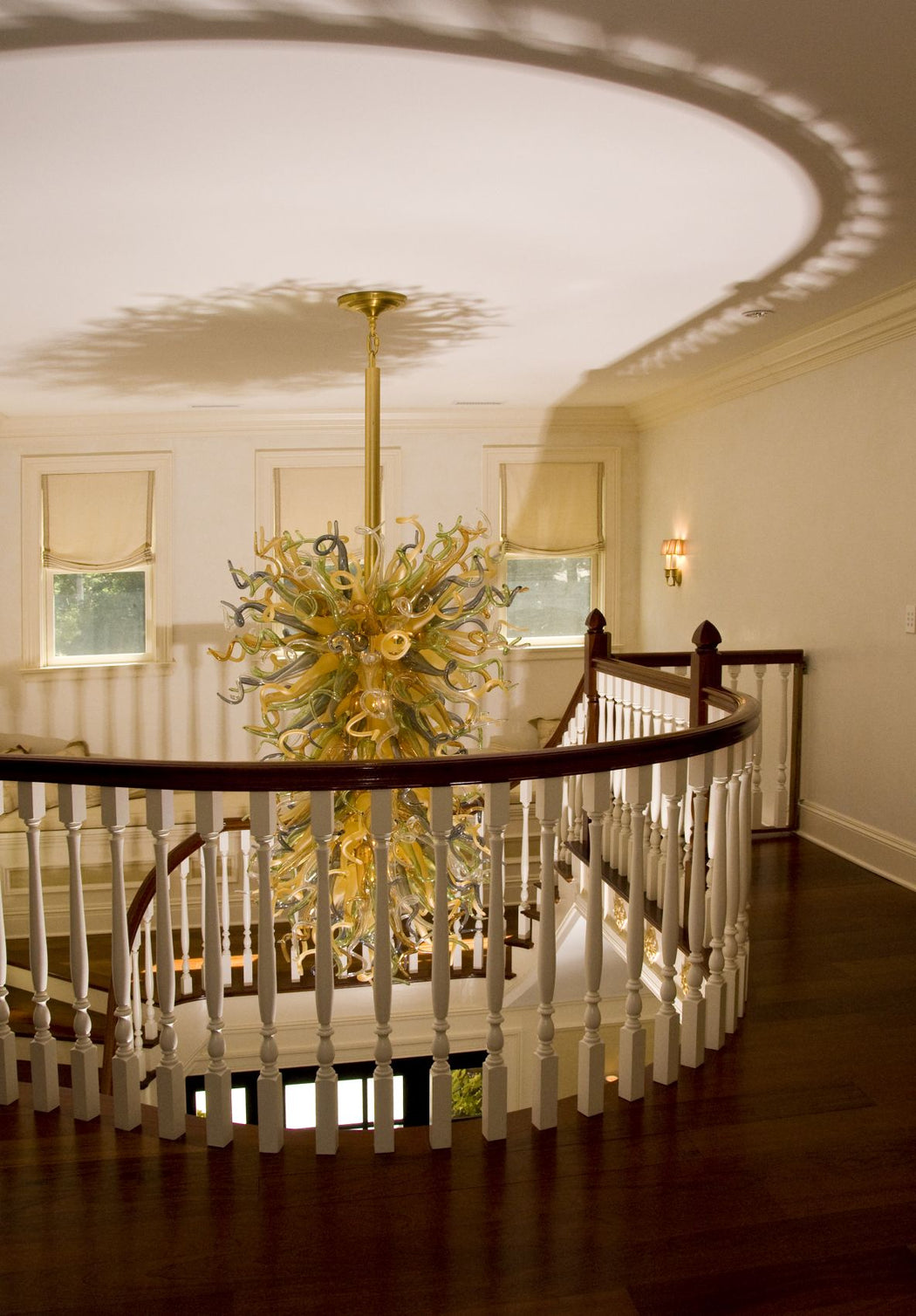 Custom-made glass art stairwell chandelier in your choice of colors